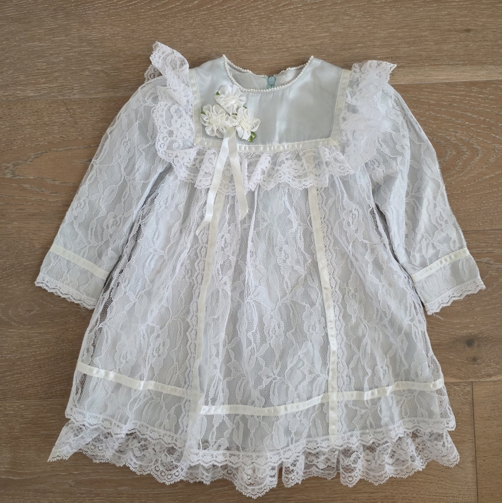 Vintage Gunne Sax Toddler Dress, Light Blue With Lace And Flower Accent, Sz 2T
